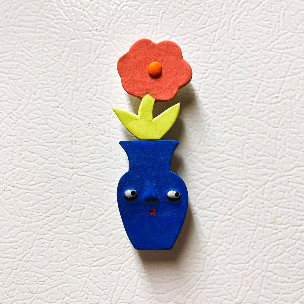 DARK BLUE VASE AND PINK FLOWER MAGNET PAIR (shipping included in price) (2 available)