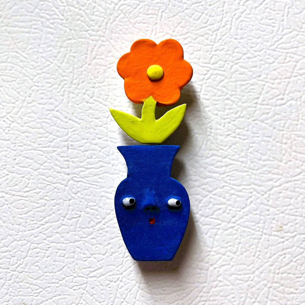 DARK BLUE VASE AND ORANGE FLOWER MAGNET PAIR (shipping included in price) (2 available)