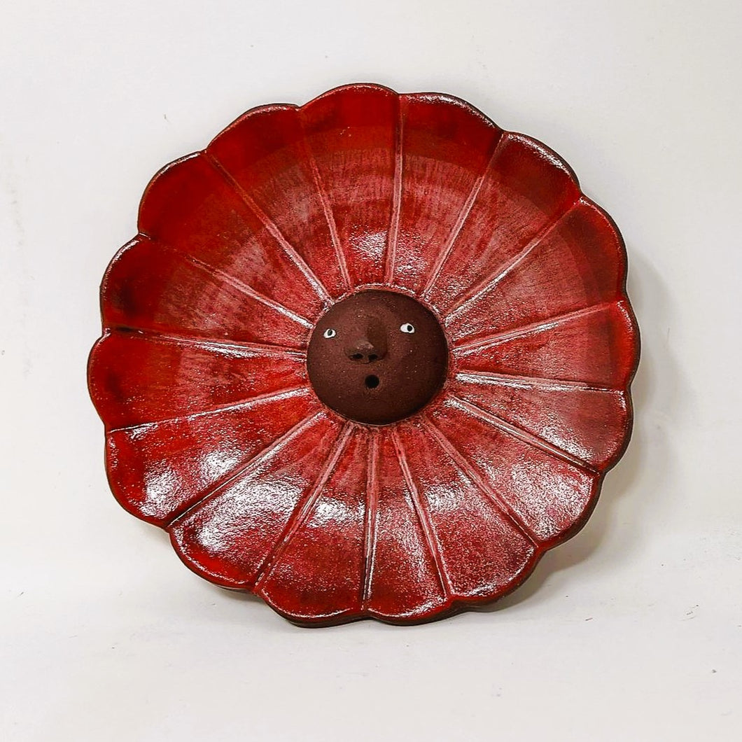 FLOWER FACE INCENSE BURNER/TRINKET DISH RED #2