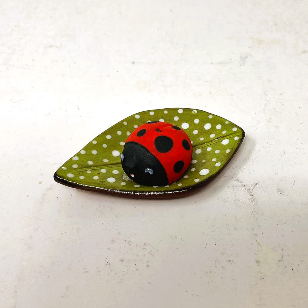 LADYBUG INCENSE SCULPTURE AND SMALL LEAF PLATE SET #1 (shipping included in price)