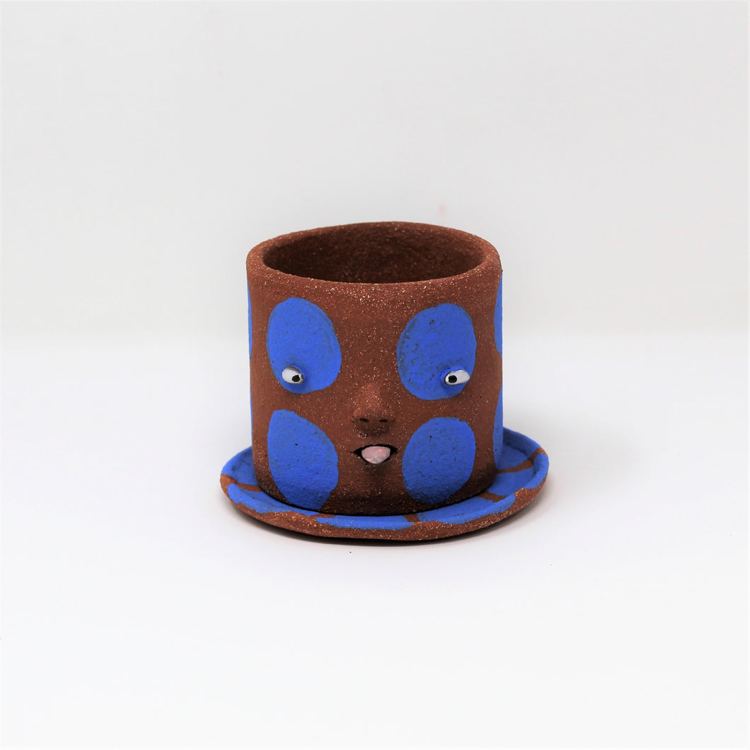 BLUE SPOTTY RED CLAY PLANTER WITH PLATE #1
