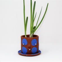 Load image into Gallery viewer, BLUE SPOTTY RED CLAY PLANTER WITH PLATE #1
